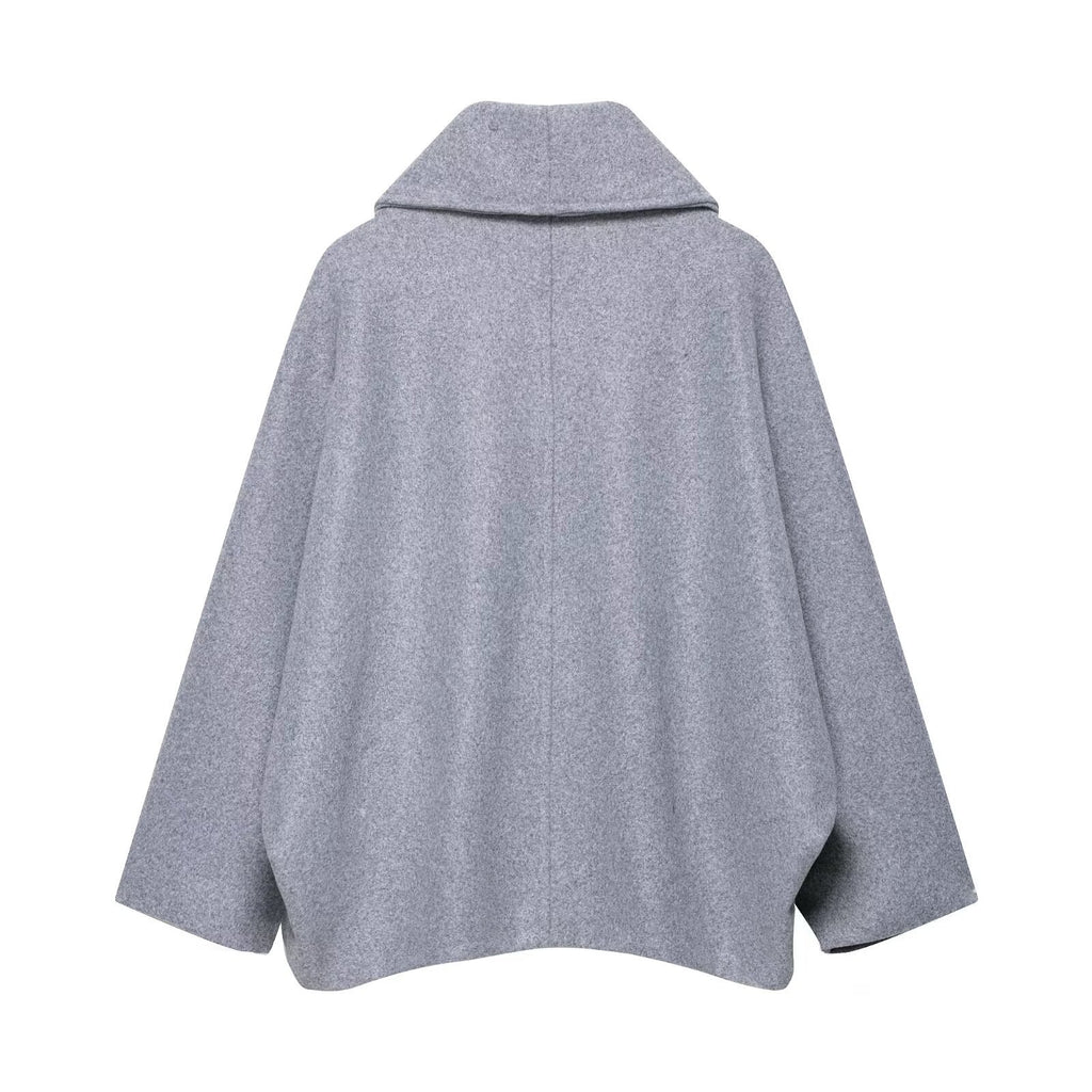Women Boxy Wool Blend Cape Coat with Wide Shawl Collar and Double Button Placket Fashion Glam