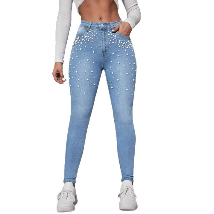 Ladies High-Waist Skinny Jeans with decorative pearl cluster and sculpting cut Fashion Glam