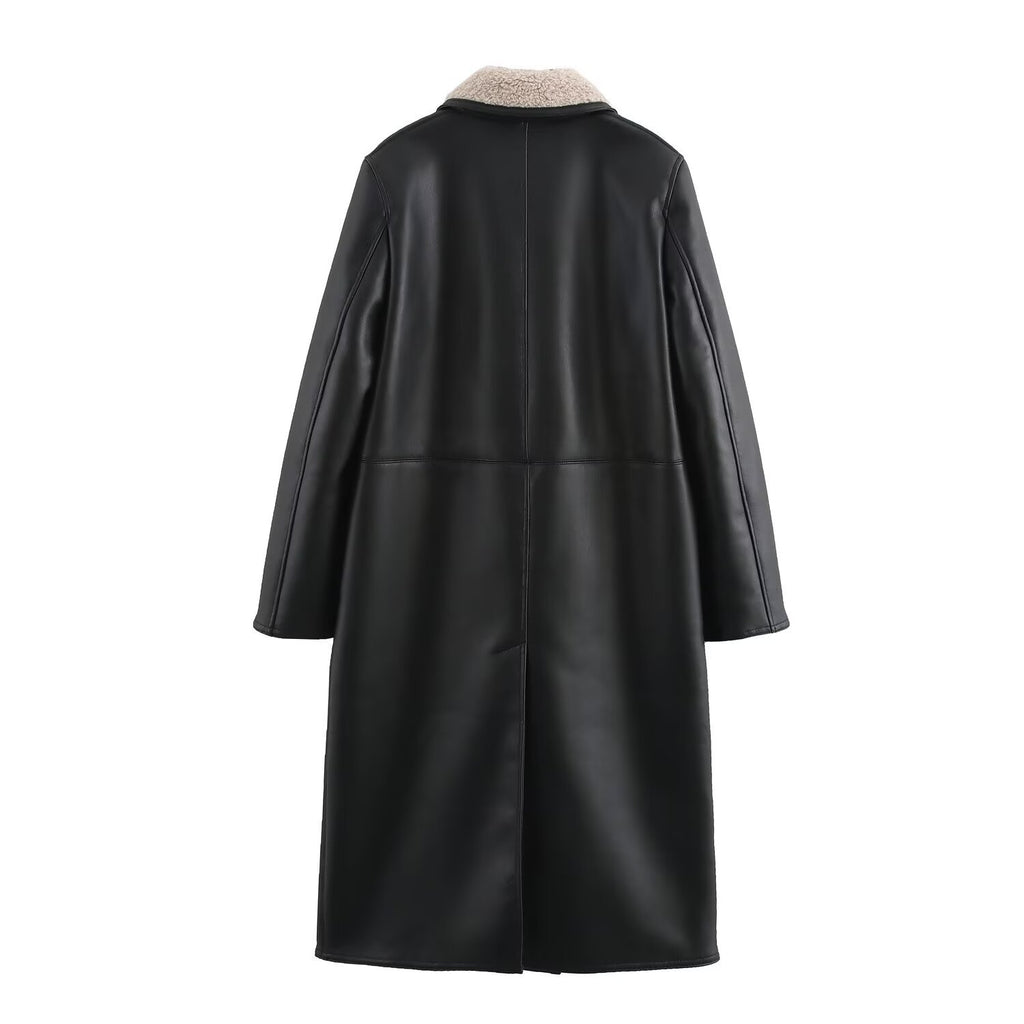 Women Faux Leather Coat with Teddy Lining and Double-Breasted Button Placket Fashion Glam