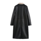 Women Faux Leather Coat with Teddy Lining and Double-Breasted Button Placket Fashion Glam