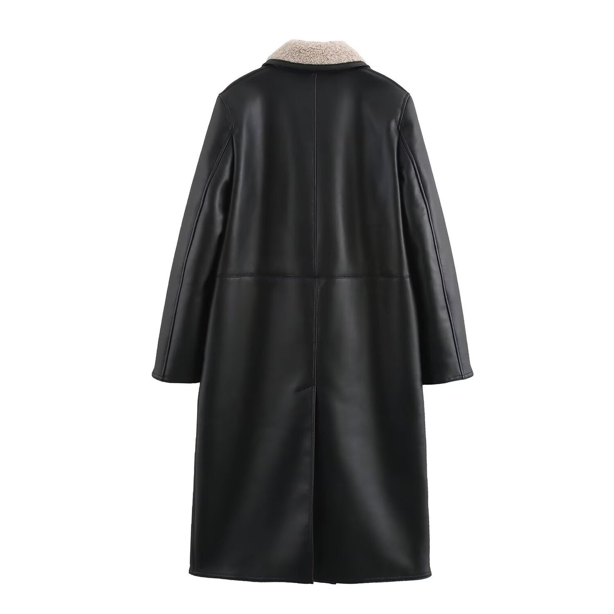 Women Faux Leather Coat with Teddy Lining and Double-Breasted Button Placket Fashion Glam