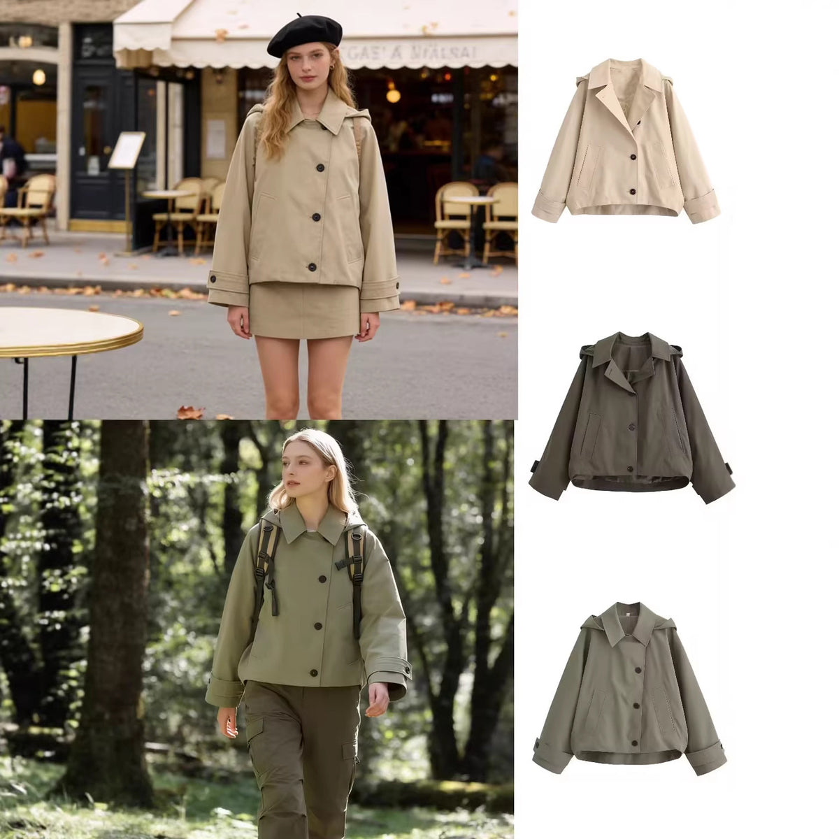 Ladies short trench coat in boxy cut with notch collar and piped patch pockets Fashion Glam