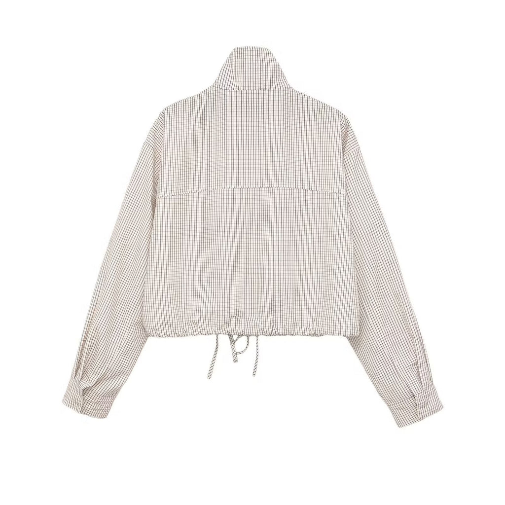 Women Cropped Checked Transitional Jacket with High Collar and Drawstring Fashion Glam