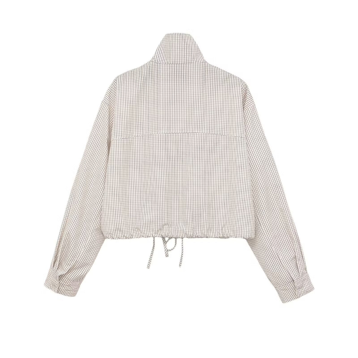 Women Cropped Checked Transitional Jacket with High Collar and Drawstring Fashion Glam