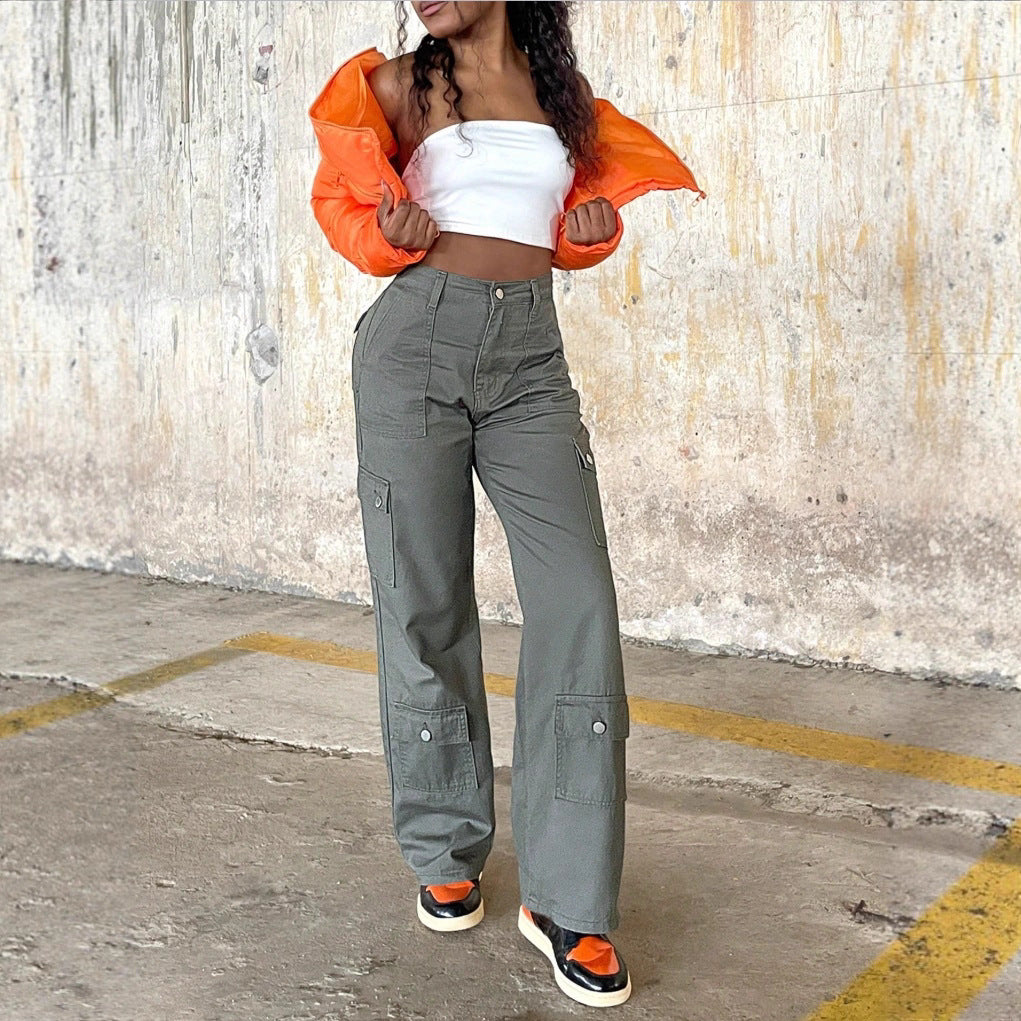 Ladies cargo pants with high waist, wide leg and flap pockets Fashion Glam