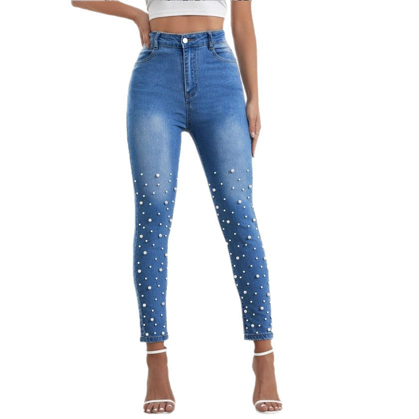 Women high-waisted skinny jeans with pearl appliqué Fashion Glam