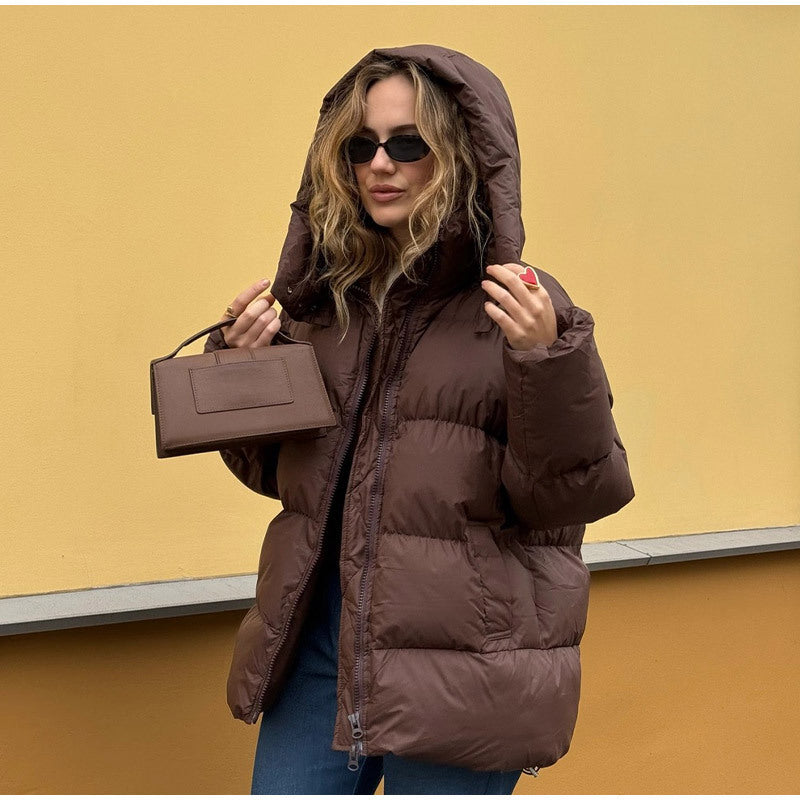 Women oversized high puffy quilted jacket with detachable zipper and kangaroo pockets Fashion Glam