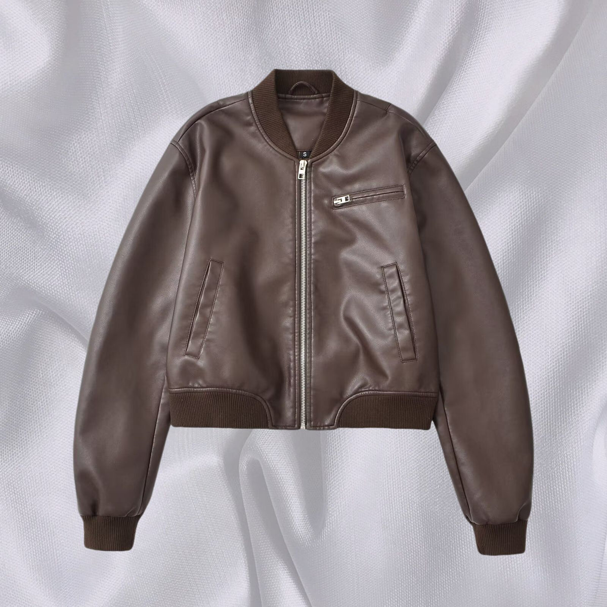 Women Short Leather Look Bomber Jacket with Ribbed Cuffs and Chest Zipper Pocket Fashion Glam