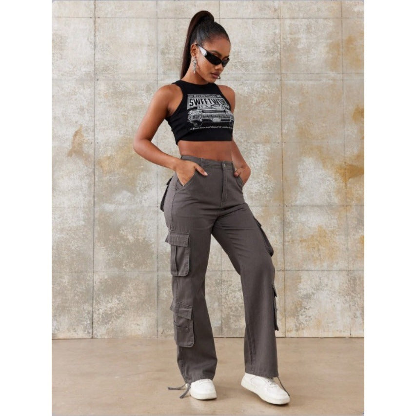 Women High-Waisted Utility Cargo Pants with Straight Leg, Multiple Flap Pockets & Adjustable Hem Fashion Glam