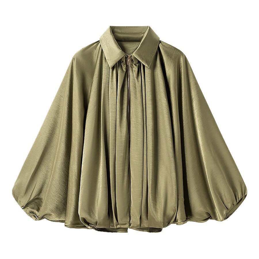 Ladies Soft Satin Cape Blouse Shirt with Lapel Collar, Balloon Sleeves and Concealed Zipper Fashion Glam