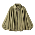 Ladies Soft Satin Cape Blouse Shirt with Lapel Collar, Balloon Sleeves and Concealed Zipper Fashion Glam