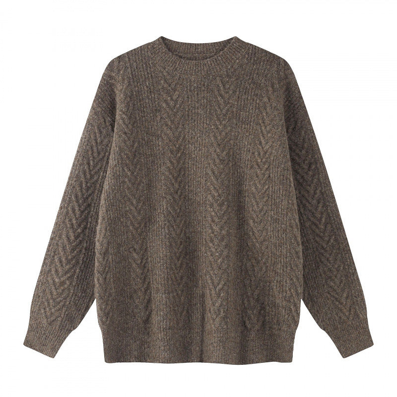 Unisex Oversized Chunky Knit Sweater with Herringbone Pattern and Round Neck Fashion Glam