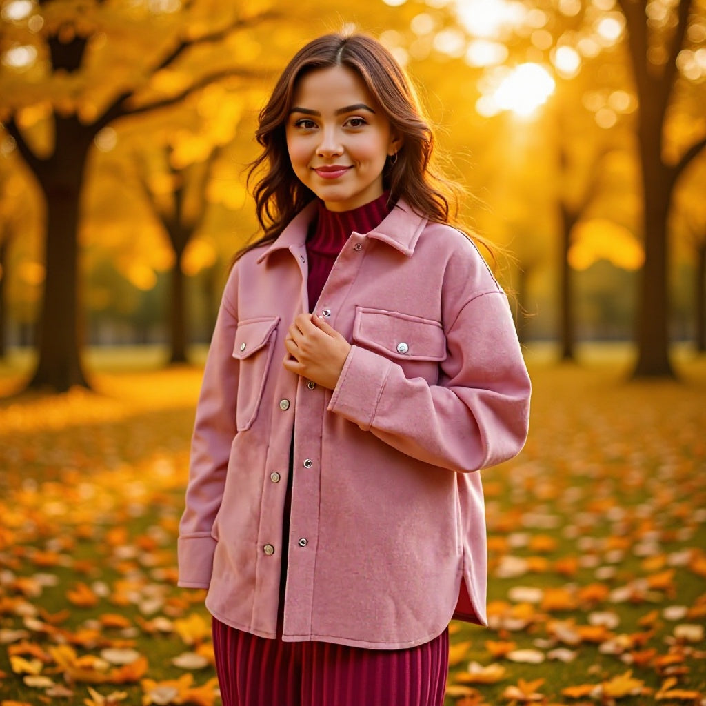 Women's Oversize Wool Blend Shirt Jacket with Snap Button Closure and Applied Flap Pockets Fashion Glam