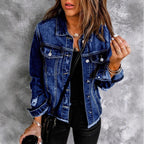 Women's Waist-Cinched Denim Trucker Jacket with Light Destroyed Effect and Fringed Hem Fashion Glam