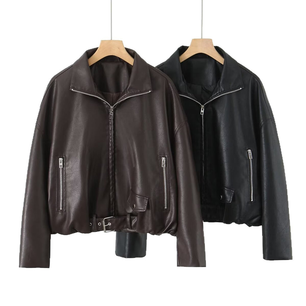 Women’s cropped oversized leather jacket in bomber style with zippered pockets and waist belt Fashion Glam