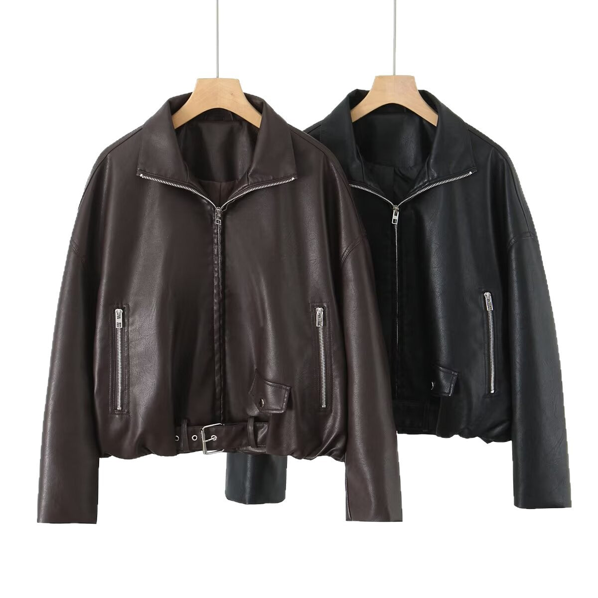 Women’s cropped oversized leather jacket in bomber style with zippered pockets and waist belt Fashion Glam
