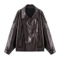 Women's Oversized Faux Leather Bomber Jacket with Utility Pockets, High Collar and Elastic Hem Fashion Glam