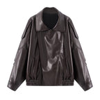Women's Oversized Faux Leather Bomber Jacket with Utility Pockets, High Collar and Elastic Hem Fashion Glam