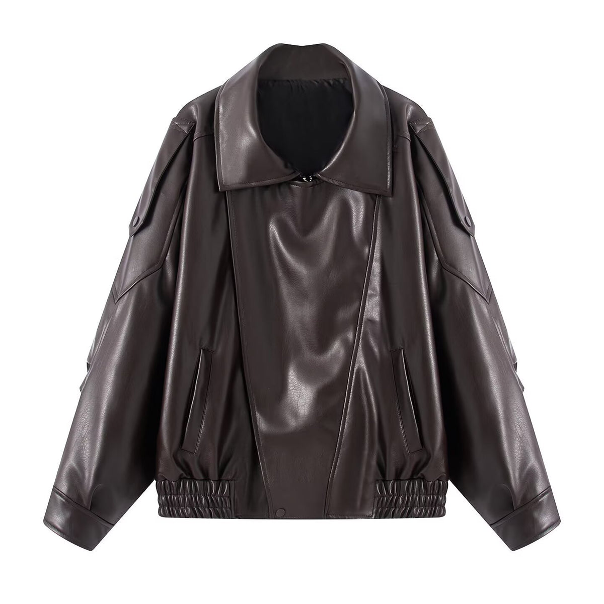 Women's Oversized Faux Leather Bomber Jacket with Utility Pockets, High Collar and Elastic Hem Fashion Glam