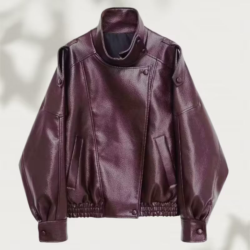Women Oversized Faux Leather Biker Jacket with Asymmetric Lapel, Stand Collar, and Waist Drawstring Fashion Glam
