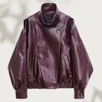 Women Oversized Faux Leather Biker Jacket with Asymmetric Lapel, Stand Collar, and Waist Drawstring Fashion Glam