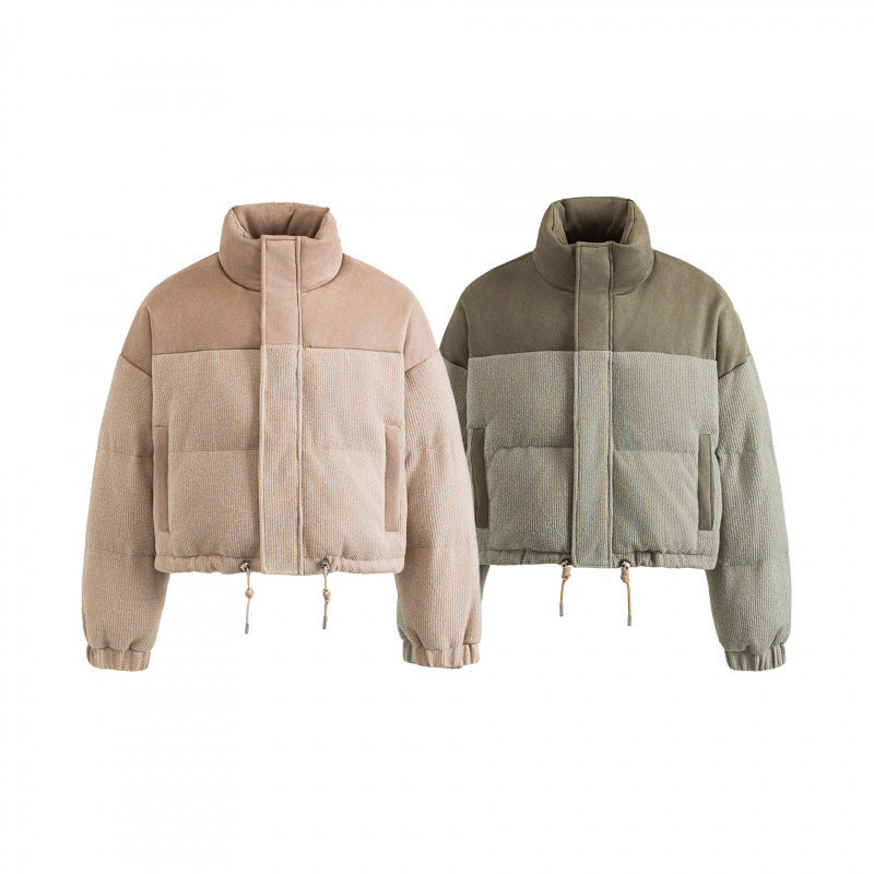 Women's Short Quilted Stand Collar Jacket with Drawstring, Waffle Texture and Boxy Silhouette Fashion Glam