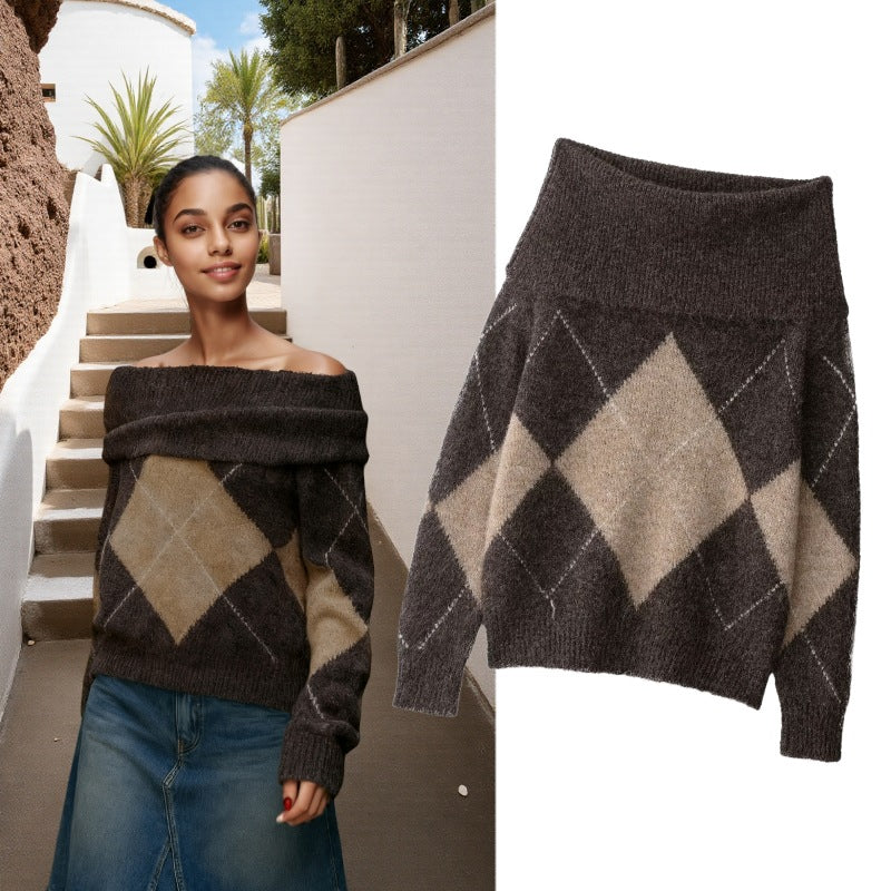 Women's Oversized Knit Sweater with Turtleneck and Diamond Pattern Fashion Glam