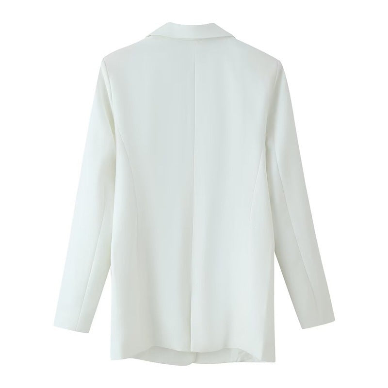 Women double-breasted longline blazer with lapel collar and decorative buttons Fashion Glam