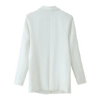 Women double-breasted longline blazer with lapel collar and decorative buttons Fashion Glam