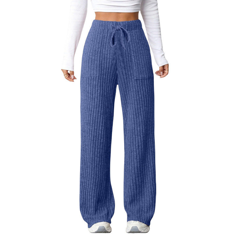 Ladies Wide Ribbed Lounge Pants with Drawstring and Patch Pockets Fashion Glam