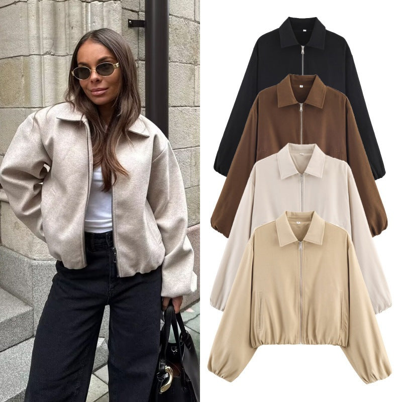 Women Polka Dot Cropped Bomber Jacket in Retro Look with Shirt Collar and Elastic Hem Fashion Glam