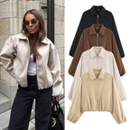 Women Polka Dot Cropped Bomber Jacket in Retro Look with Shirt Collar and Elastic Hem Fashion Glam