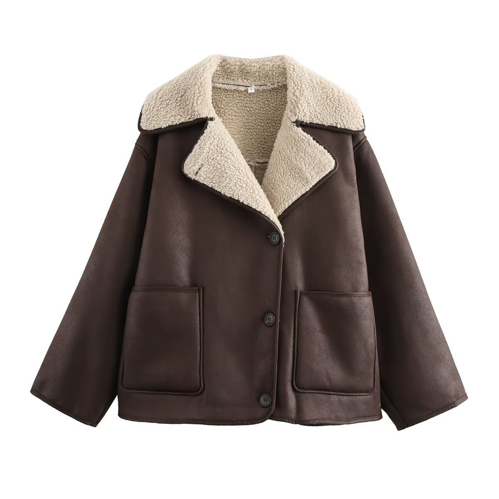 Women Short Lambskin Look Jacket in Boxy Cut with Shawl Collar and Patch Pockets Fashion Glam