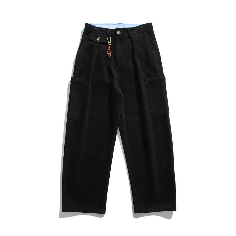 Men's Wide Corduroy Cargo Pants with Pleats, Applied Side Pockets and Relaxed Fit Fashion Glam
