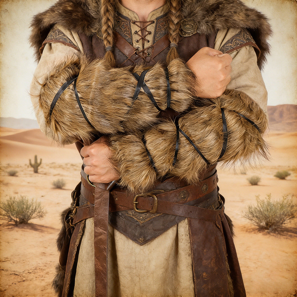 Unisex Medieval Arm Warmers made of Faux Fur with Adjustable Leather Straps Fashion Glam