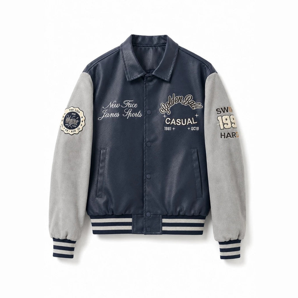 Men's varsity bomber jacket in collegiate style with faux leather body, suede look sleeves and embroidered patches Fashion Glam