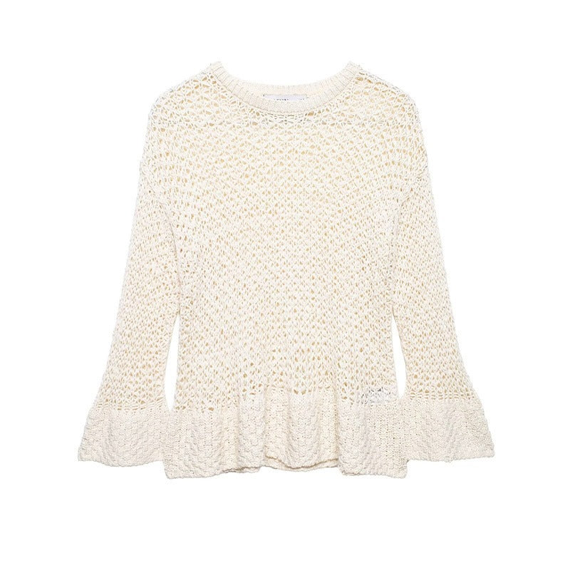 Women's loosely knitted lace pullover with ruffled hem and flared sleeves Fashion Glam