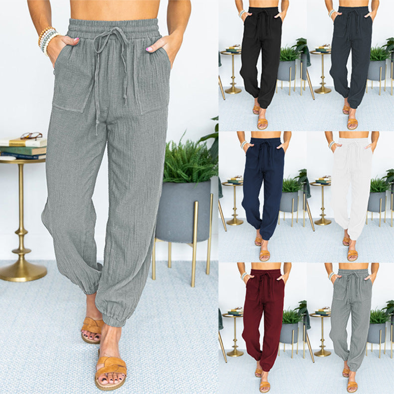 Women's Lightweight Linen Jogger Pants with Drawstring, Patch Pockets, and Elastic Cuffs Fashion Glam