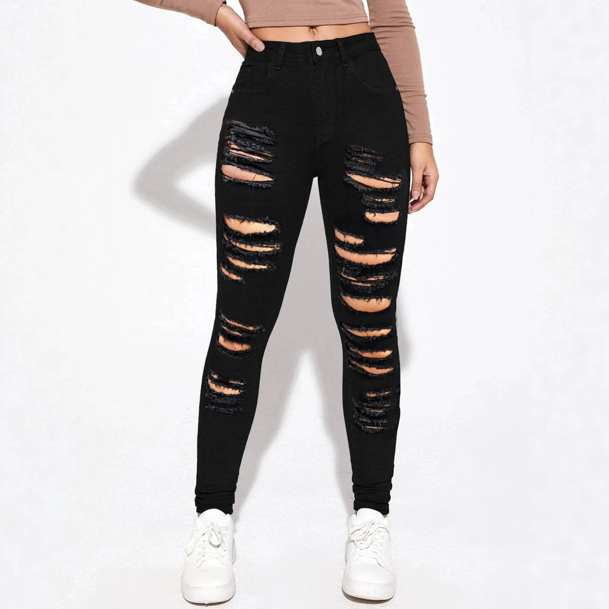 Women's high-waisted super stretch jeans in skinny fit with pronounced destroy rips Fashion Glam