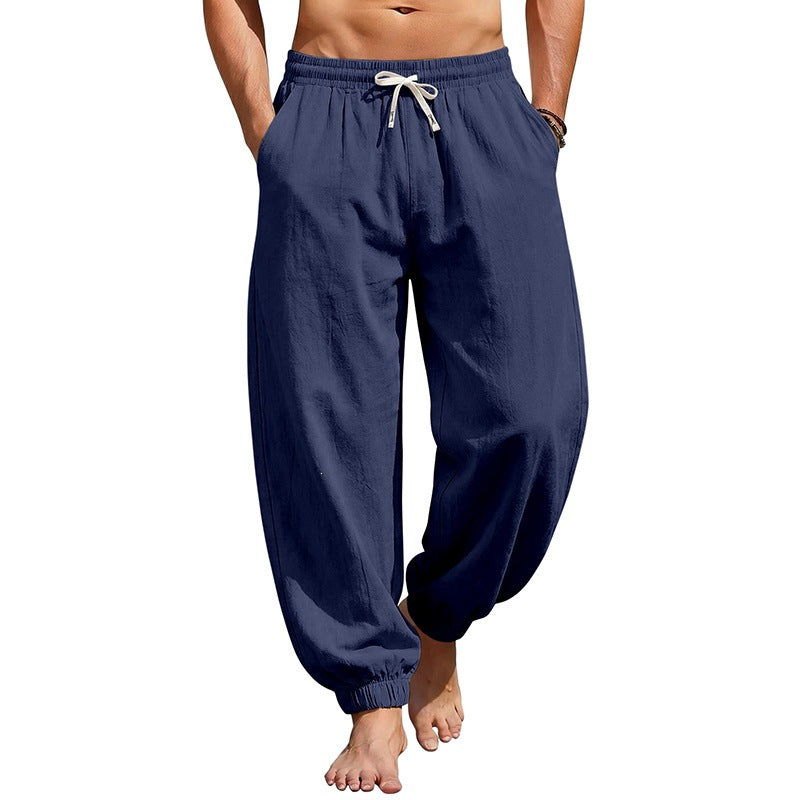 Men's relaxed harem pants made of linen blend with elastic tunnel drawstring waistband and gathered ankle cuffs Fashion Glam