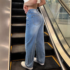 Ladies high-waisted wide jeans pants with straight leg and lace trim Fashion Glam