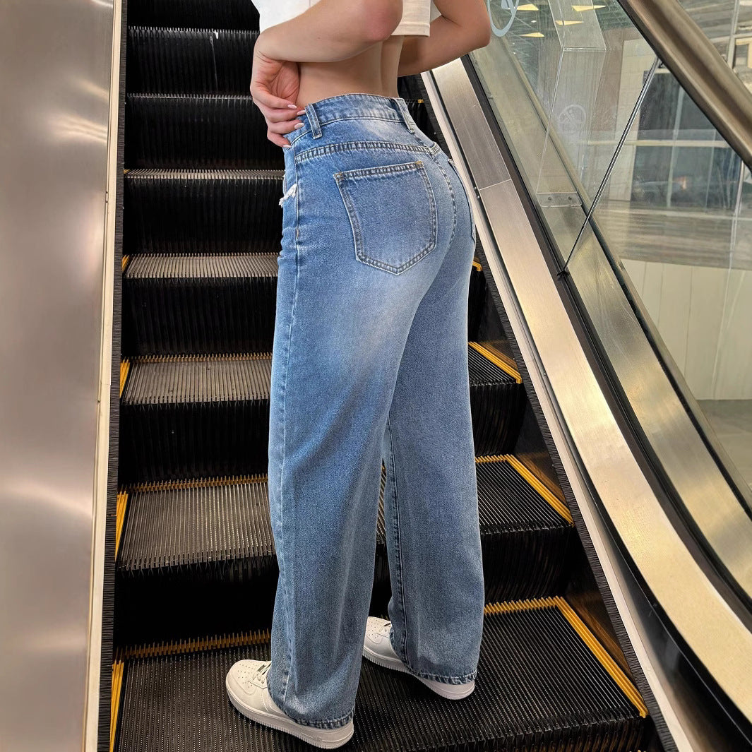 Ladies high-waisted wide jeans pants with straight leg and lace trim Fashion Glam