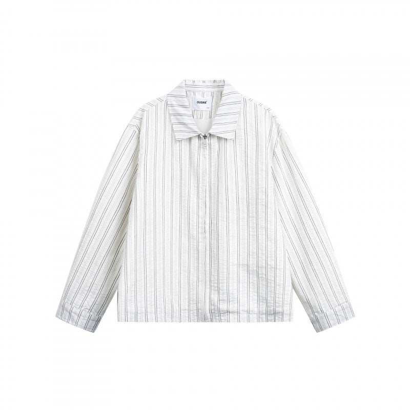 Unisex Striped Overshirt Jacket with Shirt Collar and Concealed Zipper Fashion Glam