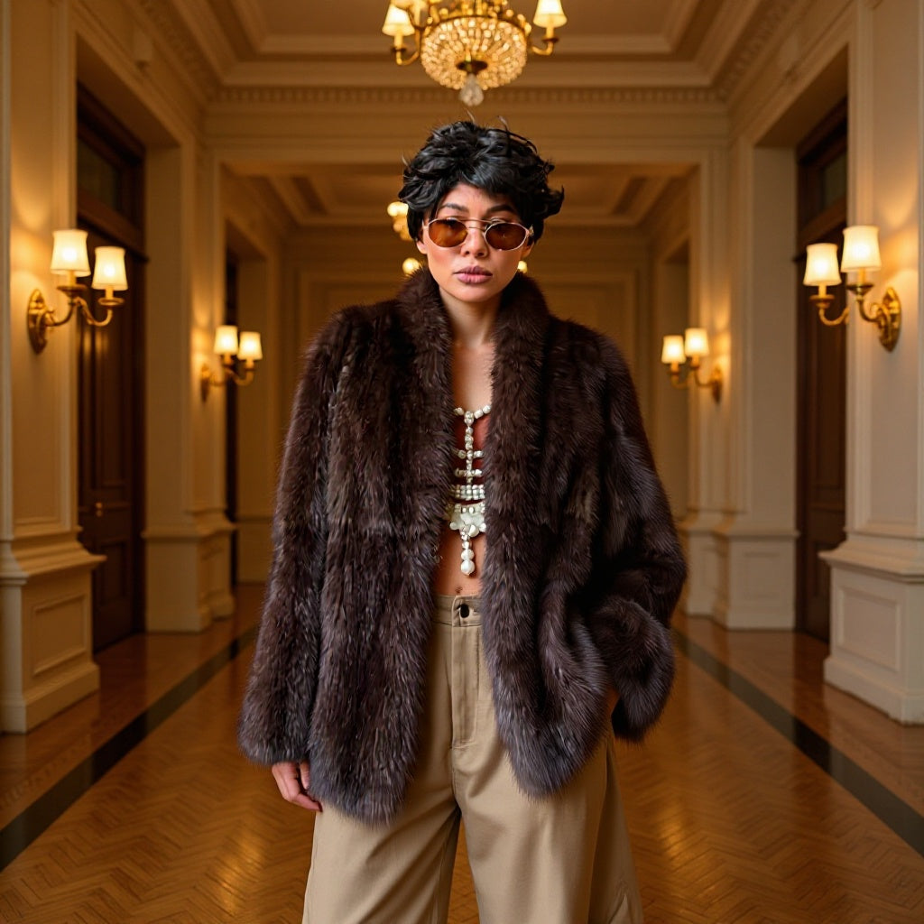 Women's Luxurious Oversized Fur Jacket with Wide Shawl Collar and Voluminous Silhouette Fashion Glam