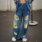 Women's wide Destroyed-Denim-Jeans with Neon Fringe Application Fashion Glam