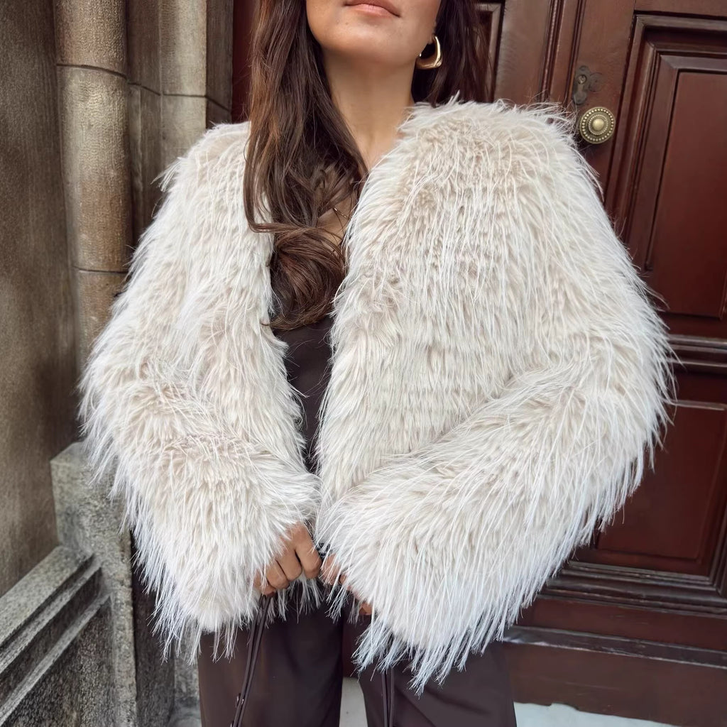 Women Short Fluffy Faux Fur Jacket with Long Fiber Texture Fashion Glam