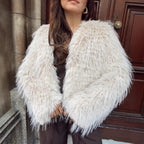 Women Short Fluffy Faux Fur Jacket with Long Fiber Texture Fashion Glam
