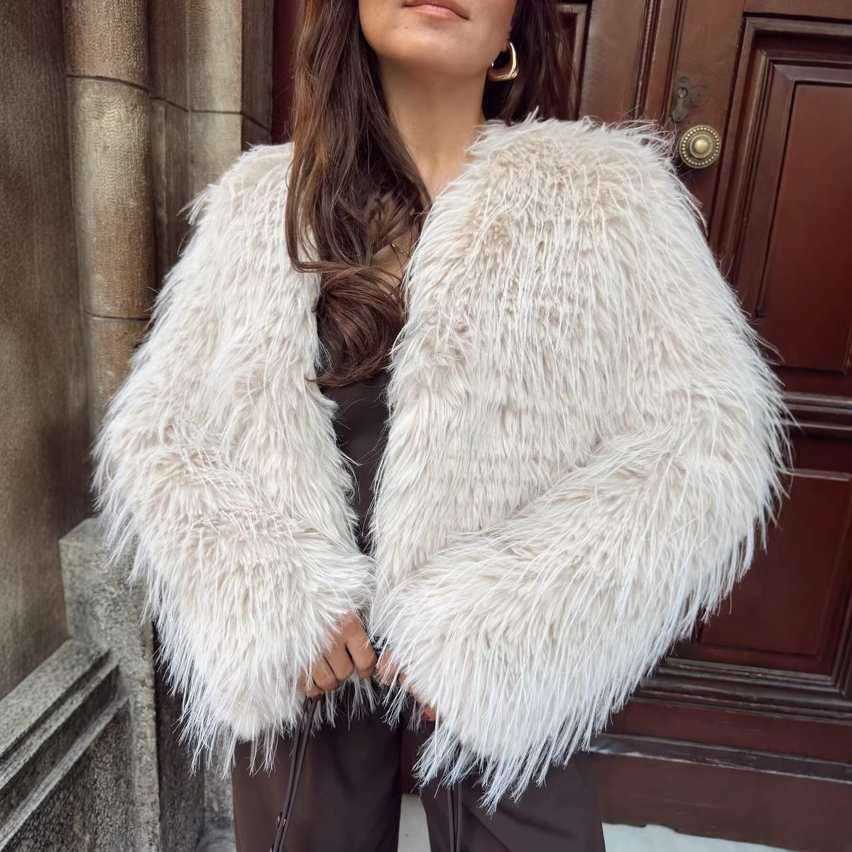 Women Short Fluffy Faux Fur Jacket with Long Fiber Texture Fashion Glam