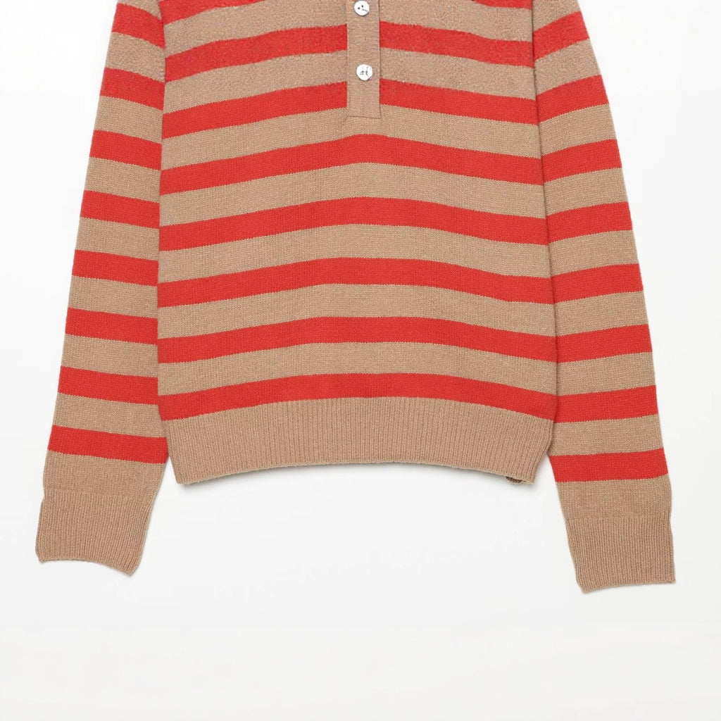 Women's Striped Knitted Sweater with Henley Button Placket Fashion Glam
