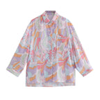 Women Oversize Shirt Blouse with Abstract Allover Print, Lightweight Chiffon Top, Long Sleeves Fashion Glam